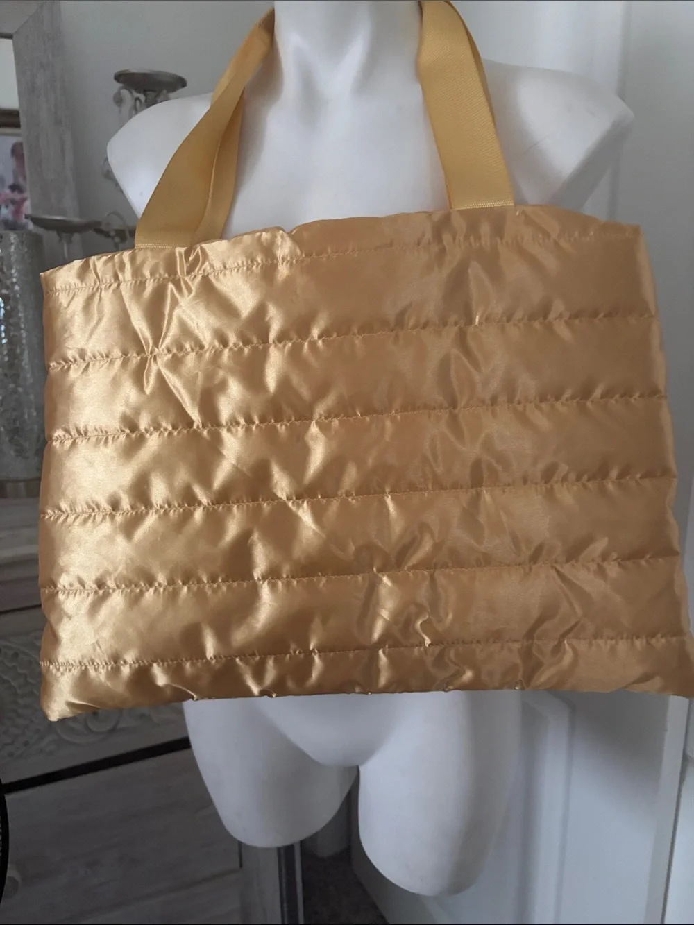 Carolina Herrera Metallic Gold Quilted Tote with Yellow Webbed Handles